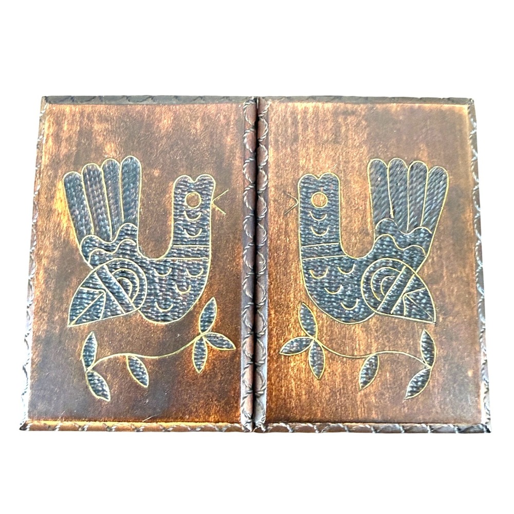 VTG Wooden Hand Carved Brass Inlay Two‎ Compartment Trinket Card Box 5 X 4